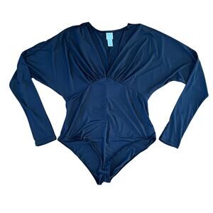 H&M Black Long Sleeve Deep V-neck Draped Body Suit | L